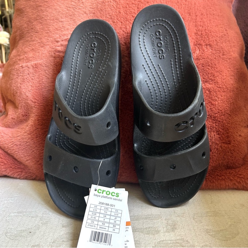 CROCS Baya Platform Slip On Black Sandal, Unisex W-10, M-8 NWT - Picture 2 of 8